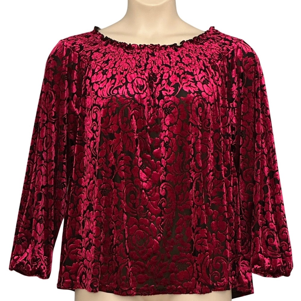 Burnout Velvet Floral Top XL Red Black Smocked Boxy Whimsigoth Fairy Grunge Y2K